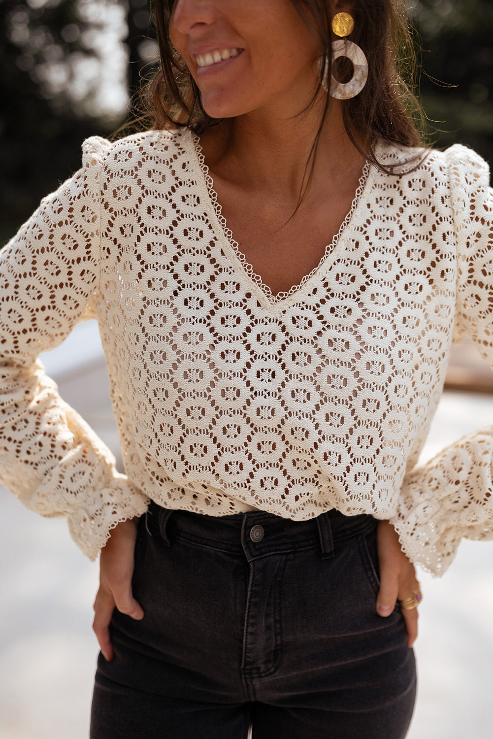 Beige Flower Lace V Neck Puff Sleeve Blouse For Women