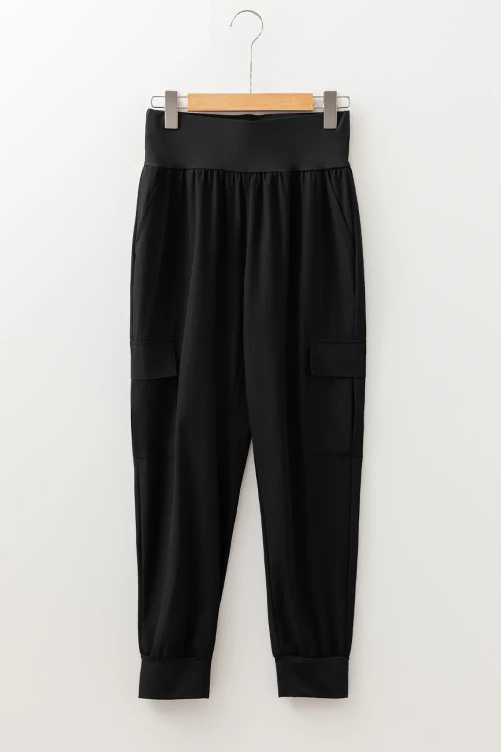 Black Elastic High Waist Pocketed Cargo Jogger Pants