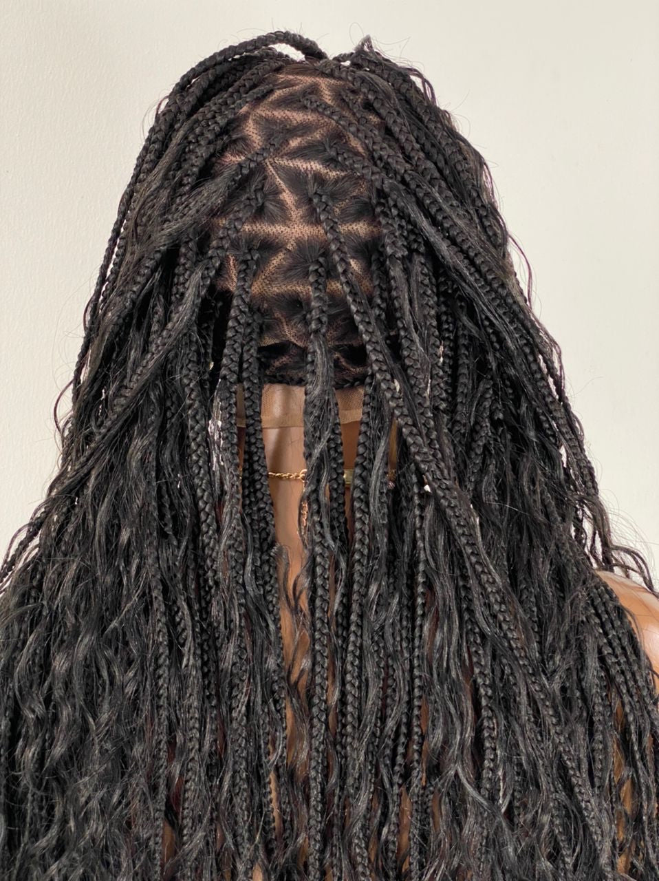 Crush Bohemian Cornrow Braided Wig, Swiss Full Lace, Black Color, Waist Length, Standard Density.