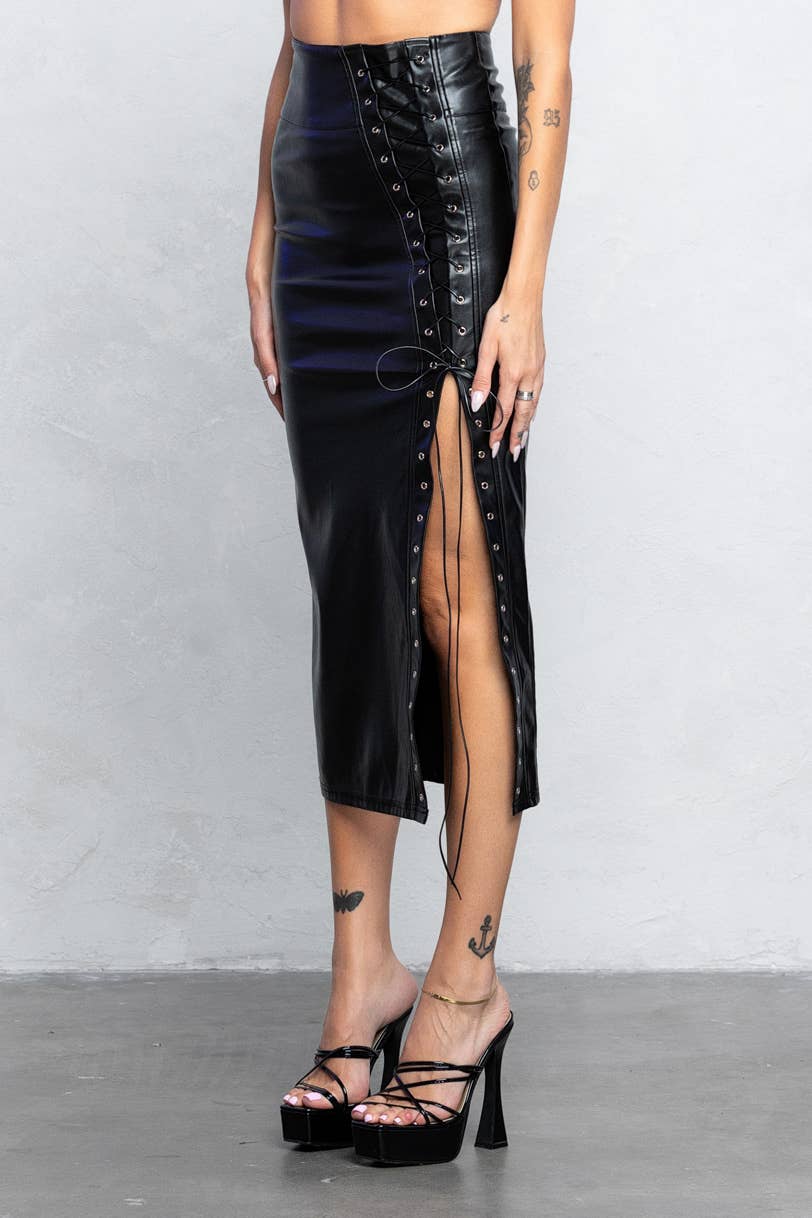 Gianna Lace Up Detail Faux Leather Midi Skirt With Side Slit