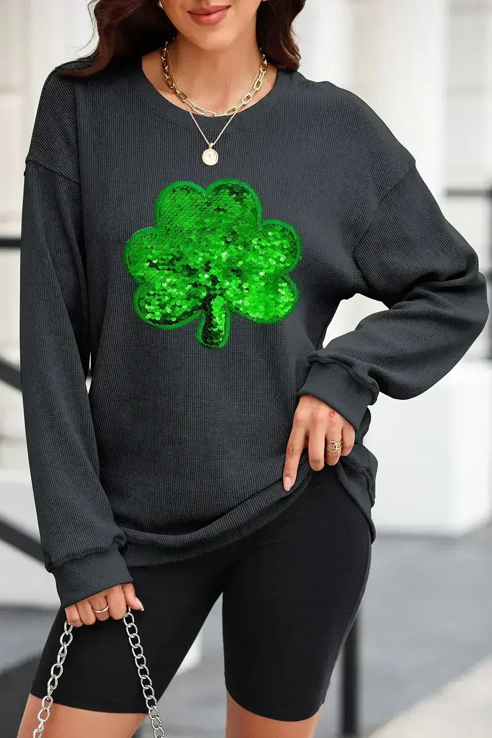 Black Sequin Embroidered Clover Corded Graphic Sweatshirt