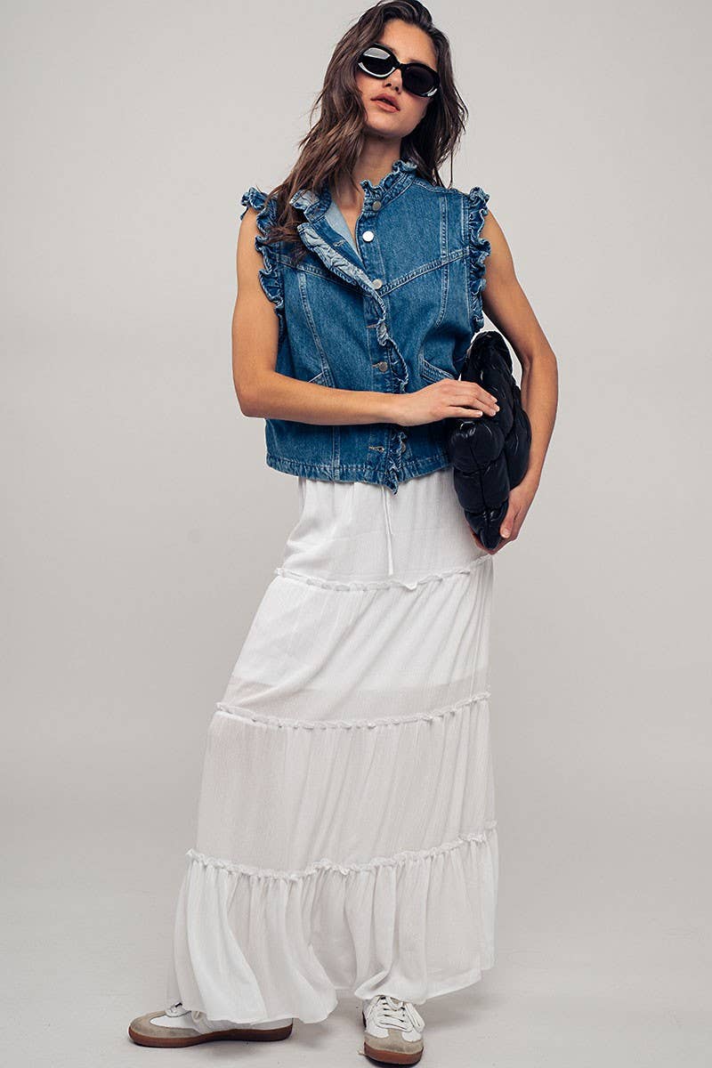 Victorian Muse Ruffle-Trim Denim Vest – High Collar Statement Layer