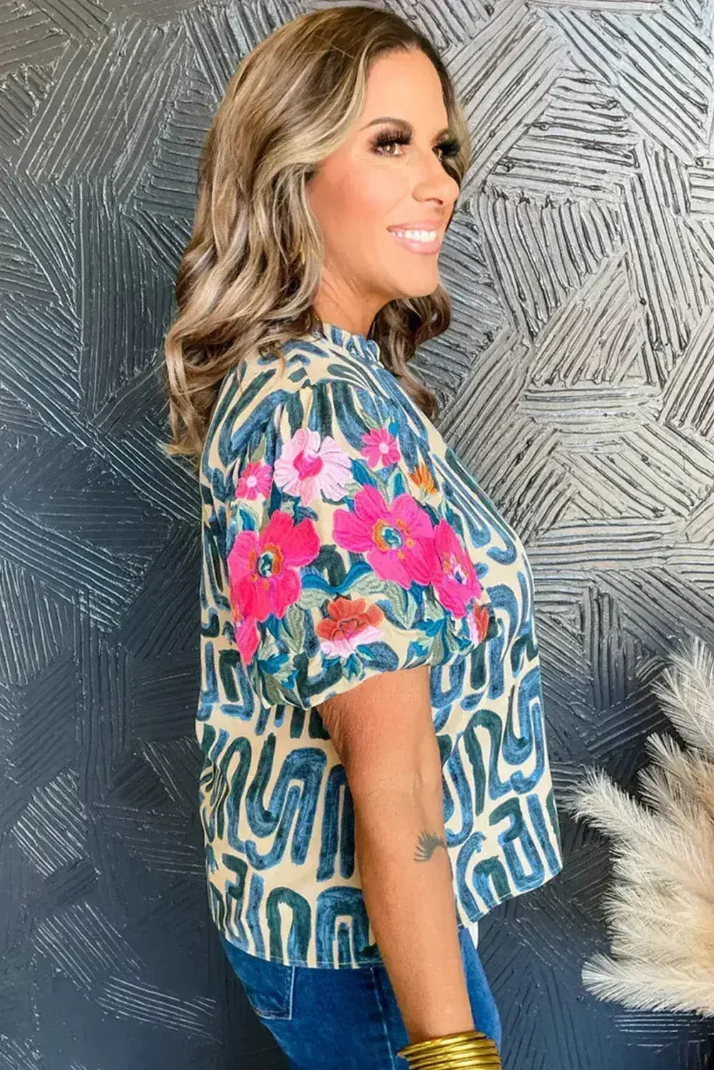 Beige Embroidered Puff Sleeve Frilled Neck Printed Top | Femstylo