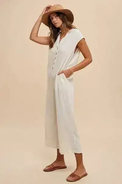 Annie Wear Wide Leg Jumpsuit with Button Detail and Pockets