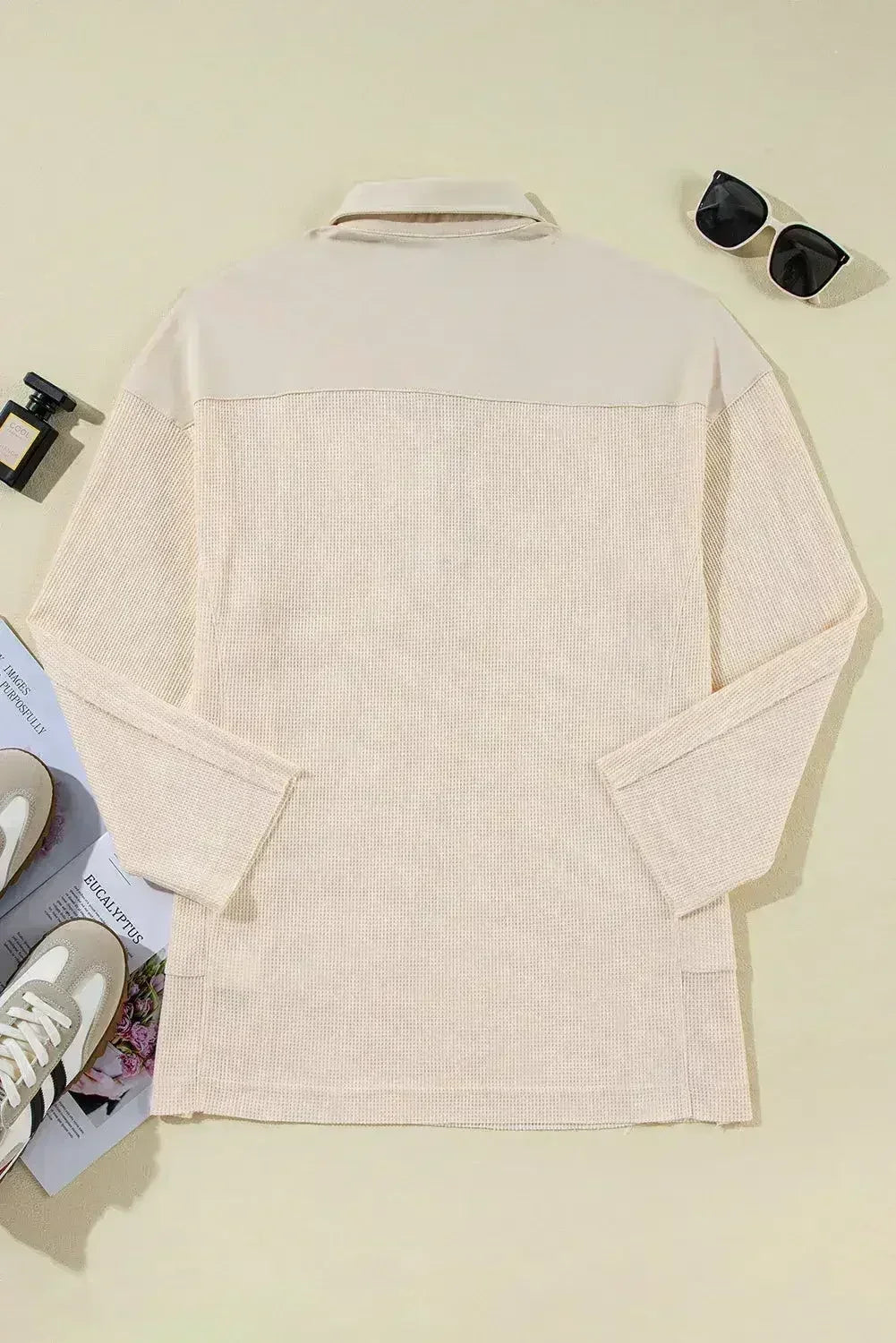 Pink Waffle Long Sleeve Collared Half Button Relaxed Fit Top