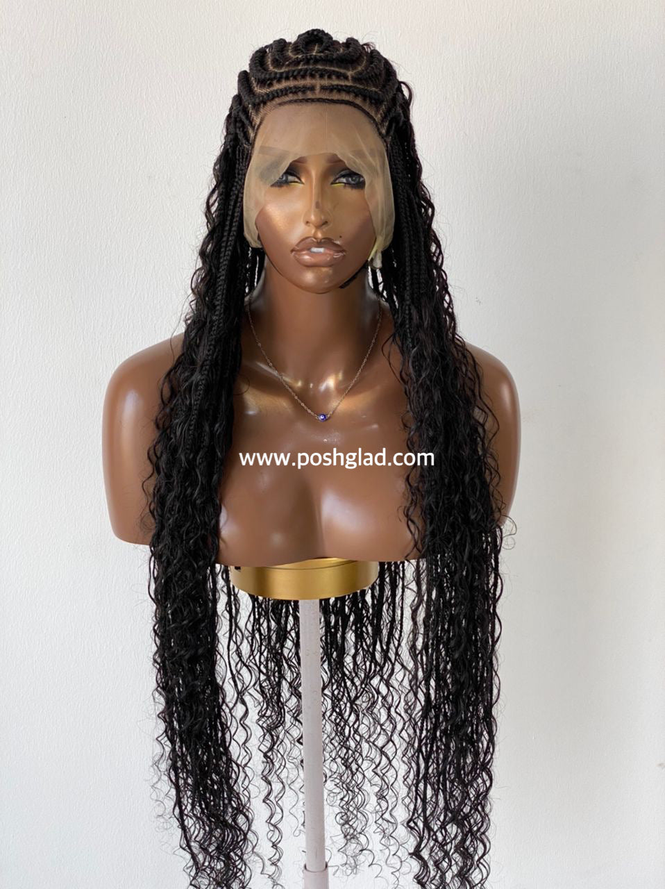 French Braid Bohemian Cornrow Wig, 100% Human Hair, Full Lace, Black Color - Dash (Tara)