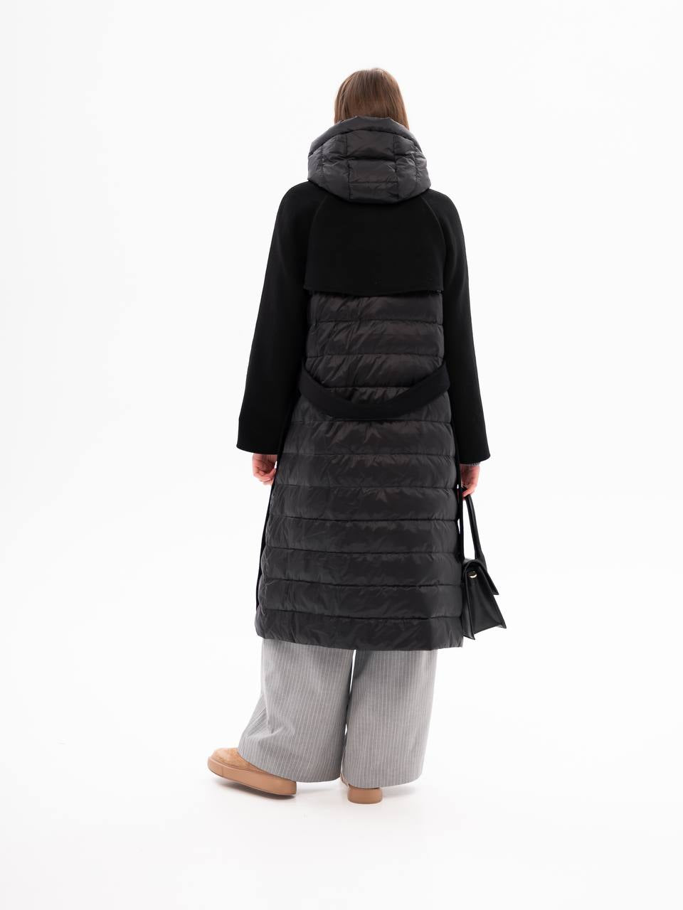 Manteau Kennedy en mélange de laine et duvet de luxe à franges, noir