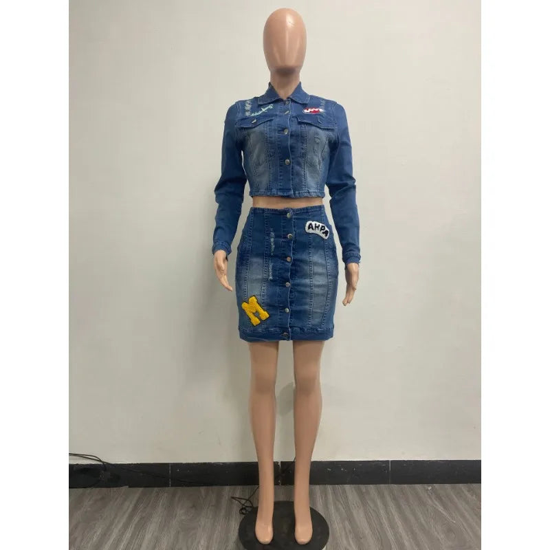 Embroidery Women Denim 2 Piece Set Button Up Jackets High Waist Jeans Skirts Matching Set 2024 Summer Streetwear Club Outfits
