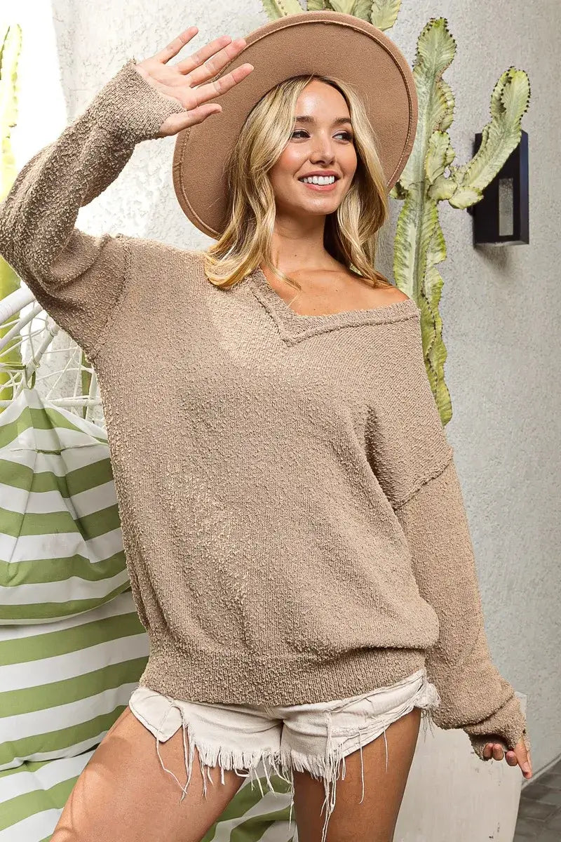 BiBi Raw Edged Popcorn Texture V Neck Knit Casual Sweater