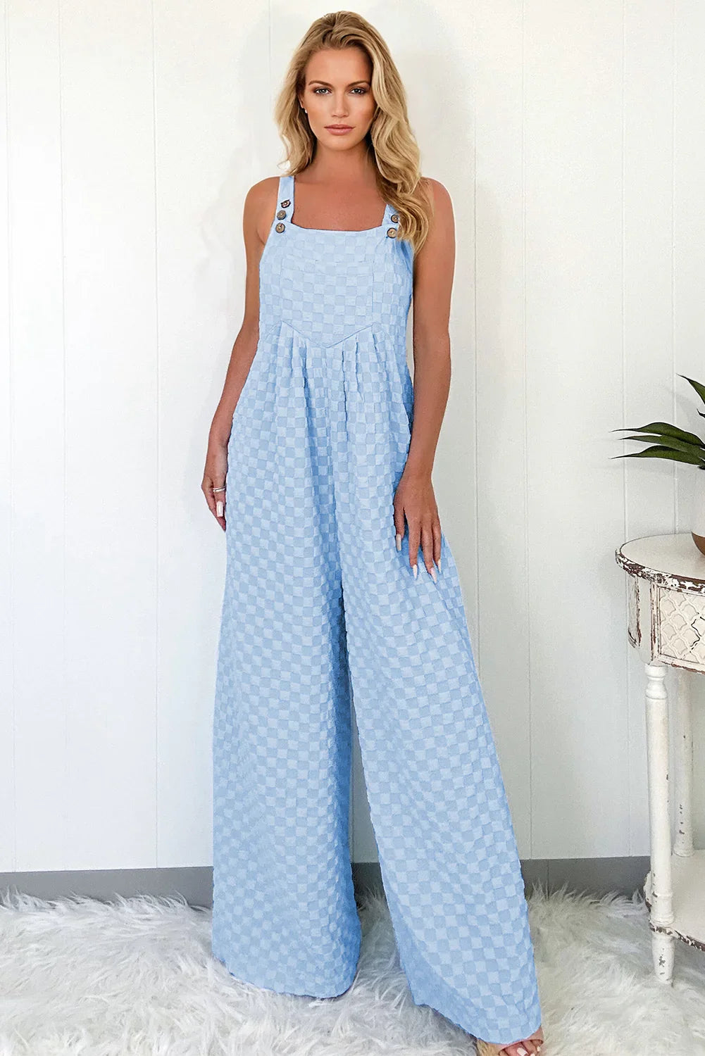 Beige Checkered Pocket High Waist Wide Leg Overall