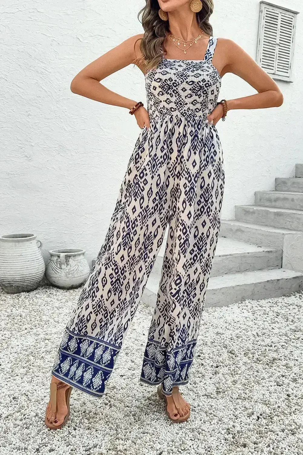 Blue Boho Geometric Print Smocked High Waist Wide Leg Jumpsuit