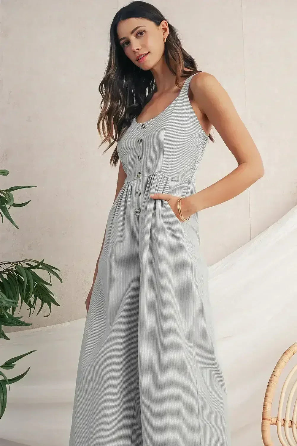 Black Stripe Half Buttoned Sleeveless Wide Leg Jumpsuit