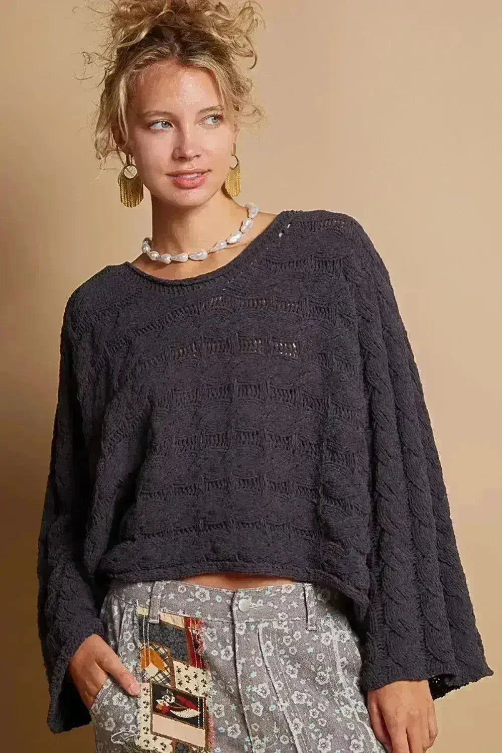 POL Round Neck Cable Knit Cropped Sweater