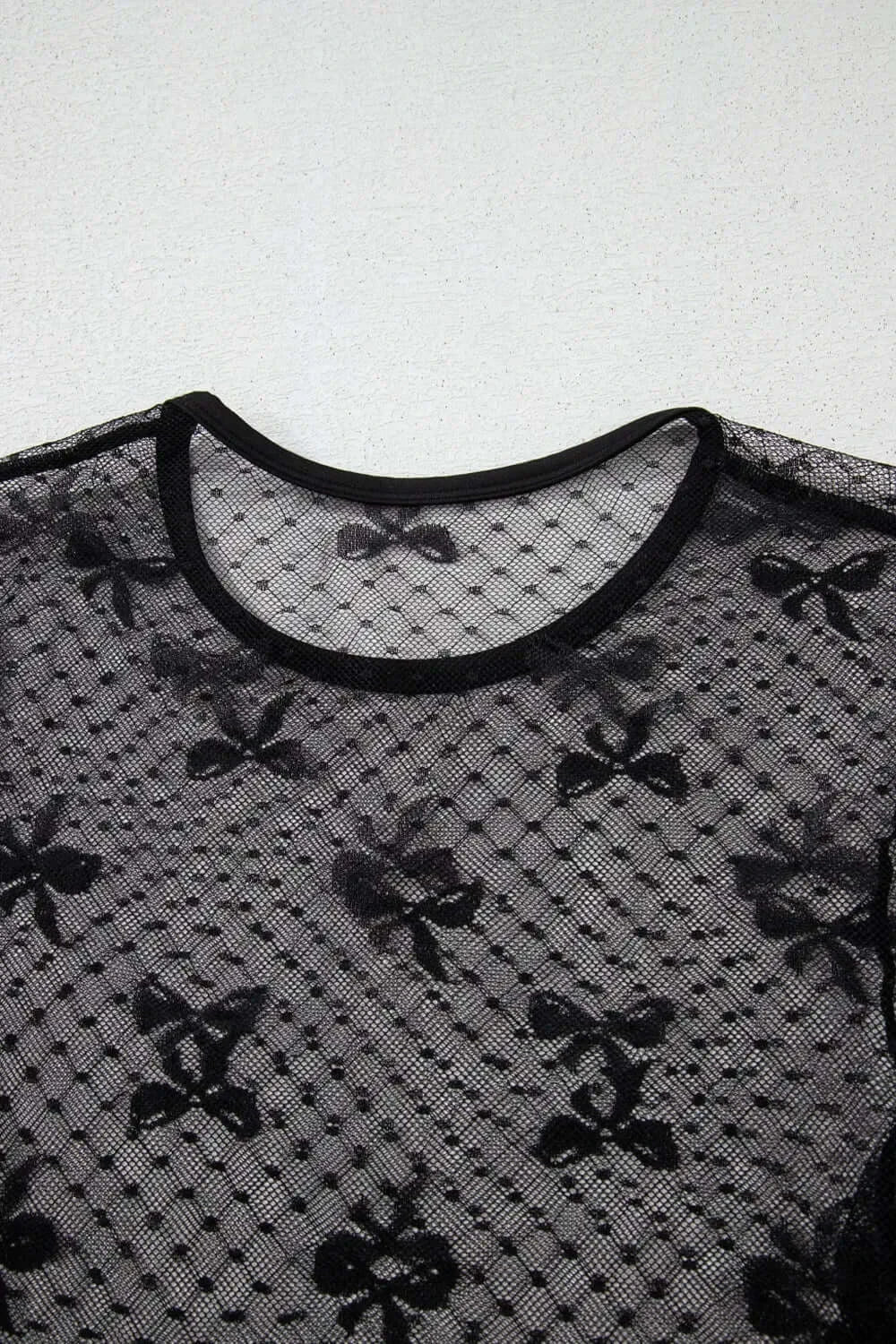 Bow Round Neck Sheer Lace Top With Stretch Fabric Imported