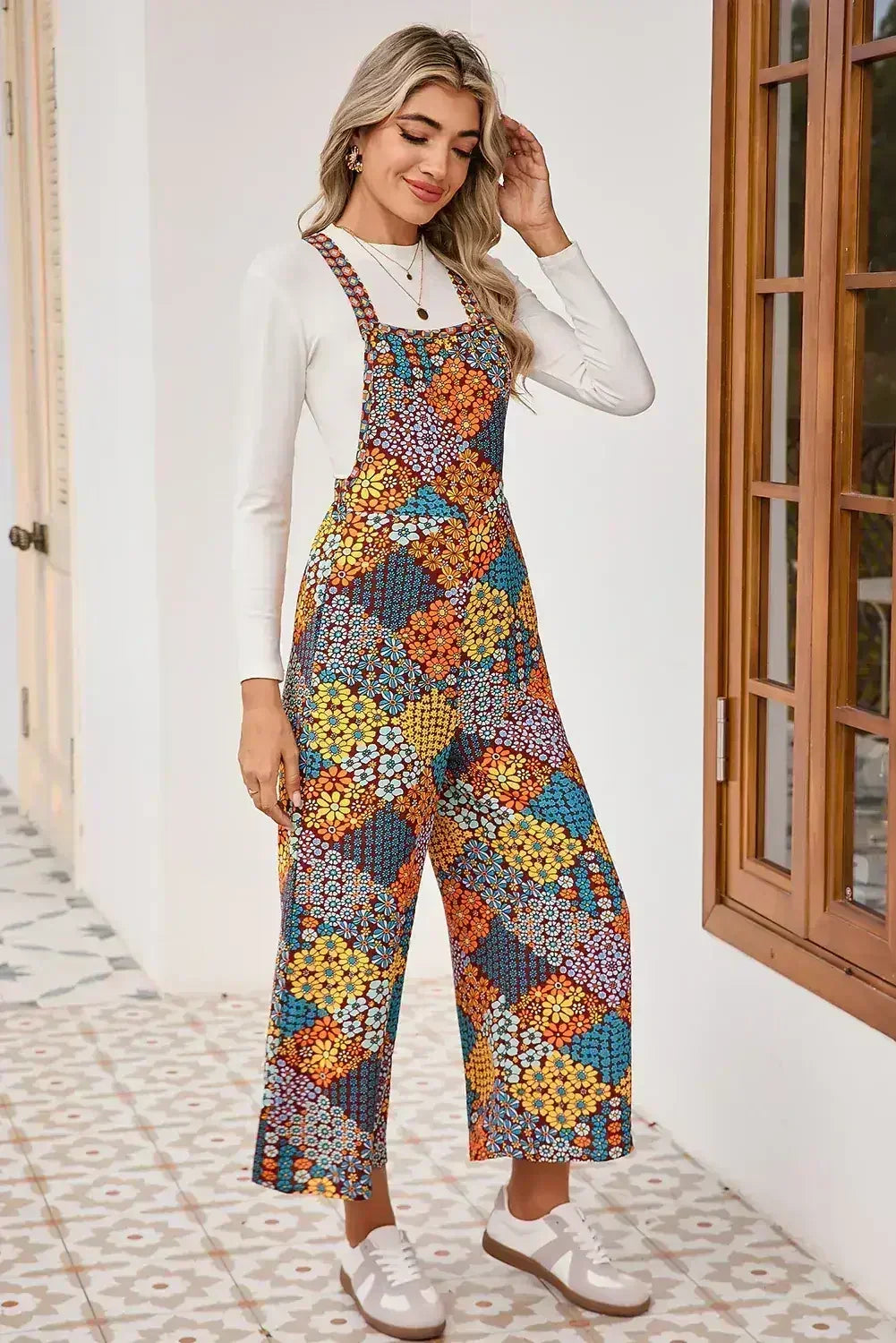 Multicolour Boho Floral Print Cropped Wide Leg Overalls