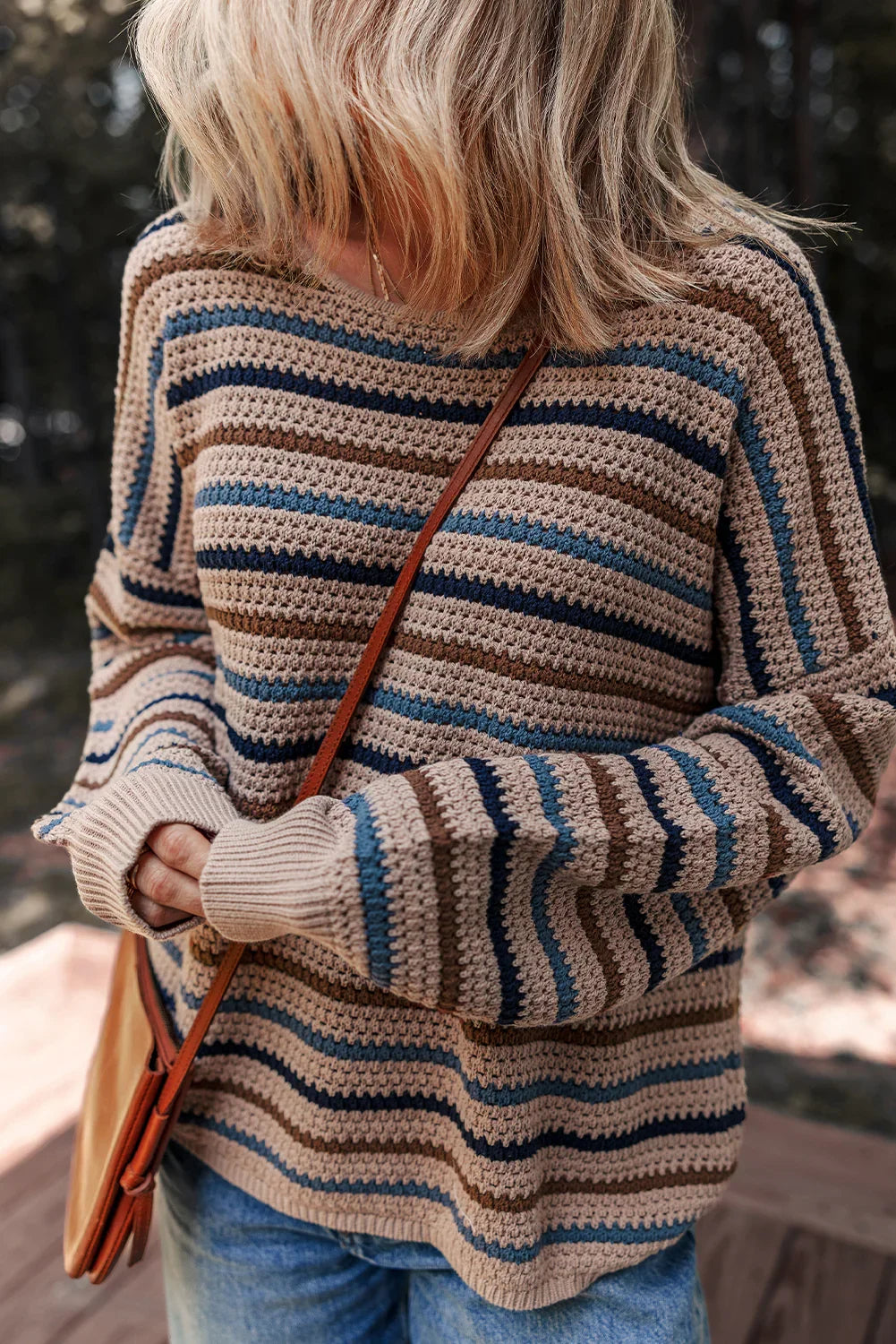 Multicolour Striped Knitted Drop Shoulder Crew Neck Sweater