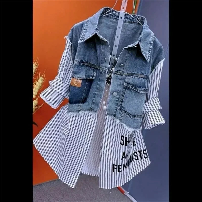 Women Denim Jacket Fake Two Denim Shirts 2025 New Spring Summer Autumn Casual Fashion Joker Stitching Striped Tops Coat Female