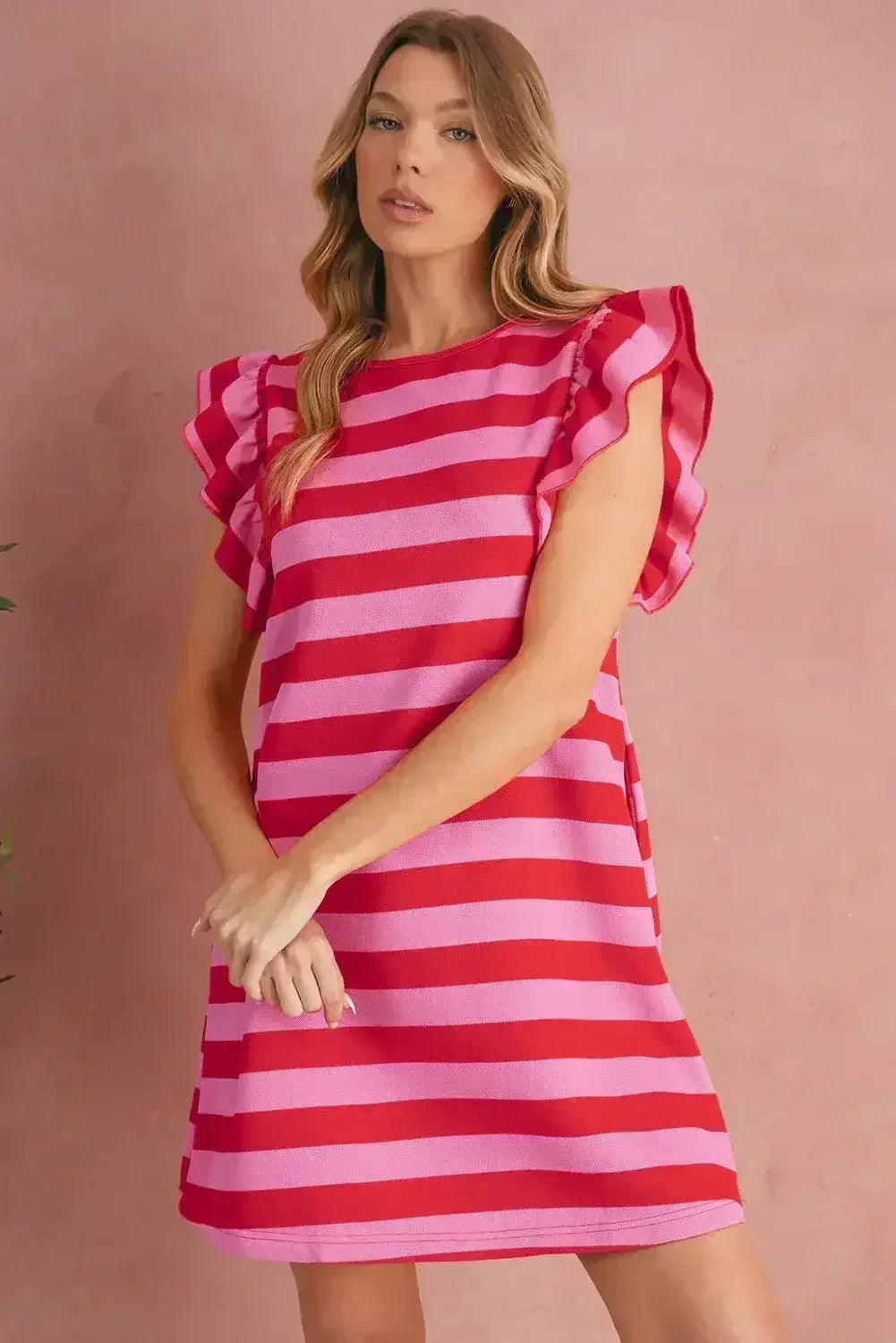 Black Stripe Flutter Sleeve Round Neck Shift Mini Dress