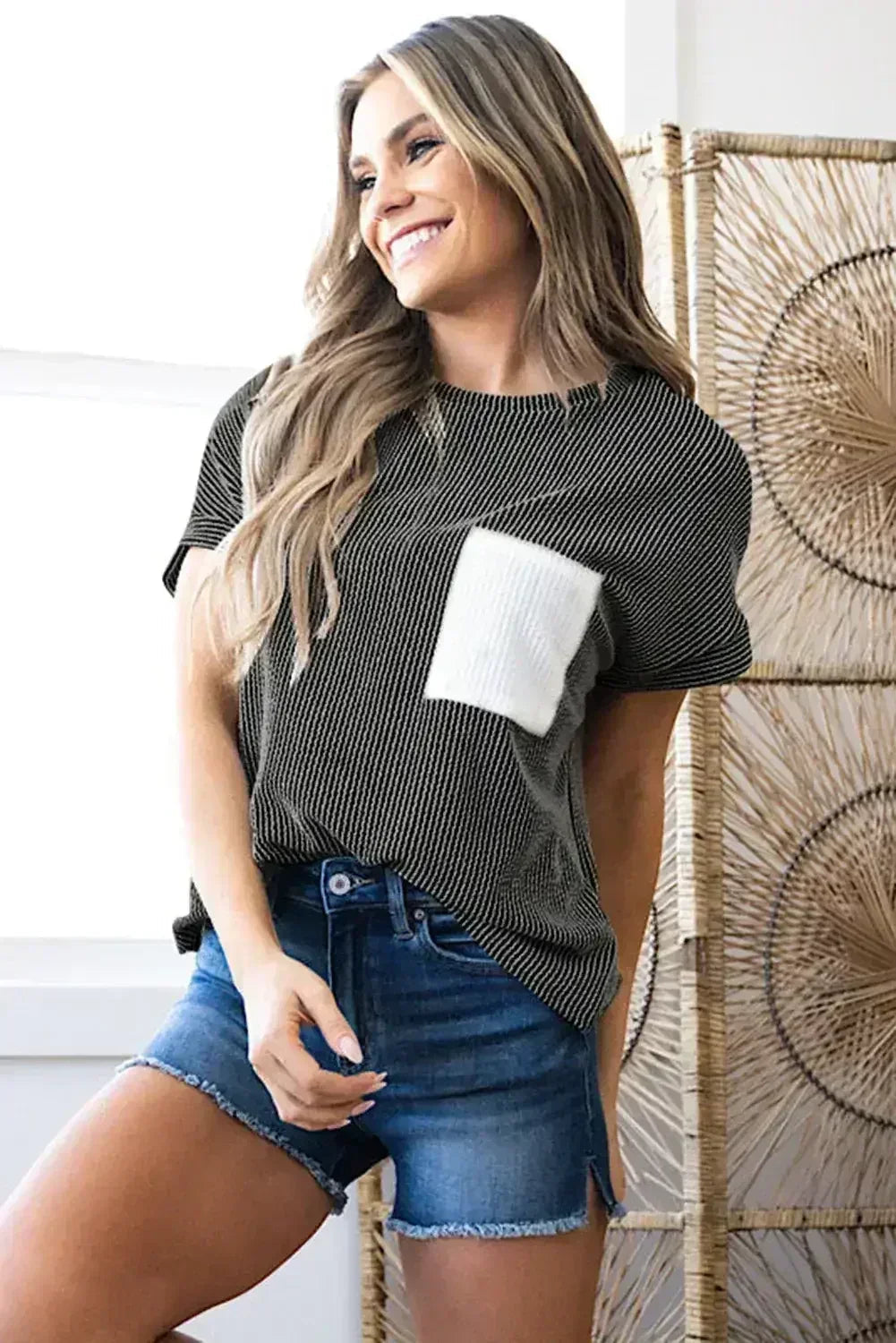 Pink Corded Colorblock Pocket Crew Neck T Shirt