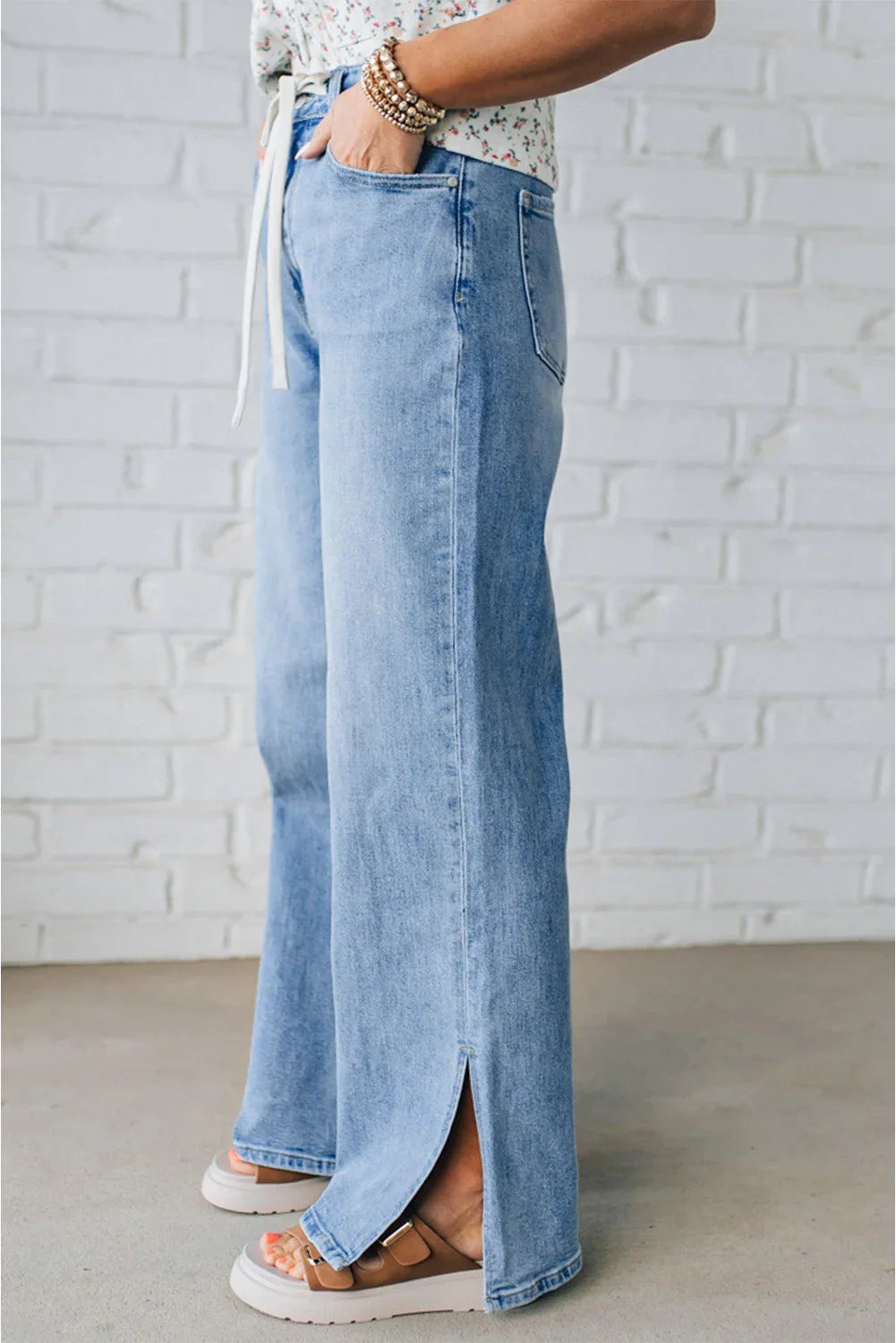 Myosotis Side Slit High Rise Drawstring Casual Jeans