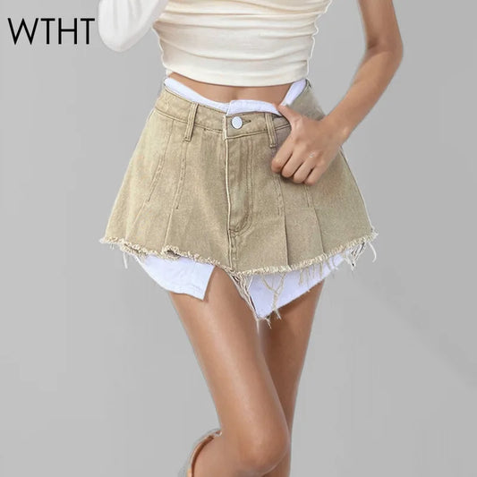 WTHT New Fashion Women's Irregular Fake Two-piece A-line Mini Denim Skirts 2024 Autumn Trendy High Waist Skirt Female 1LS099