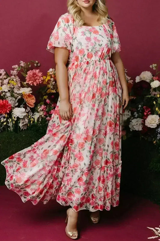 Pink Plus Size Floral Square Neck Puff Sleeve Ruffle Maxi Dress
