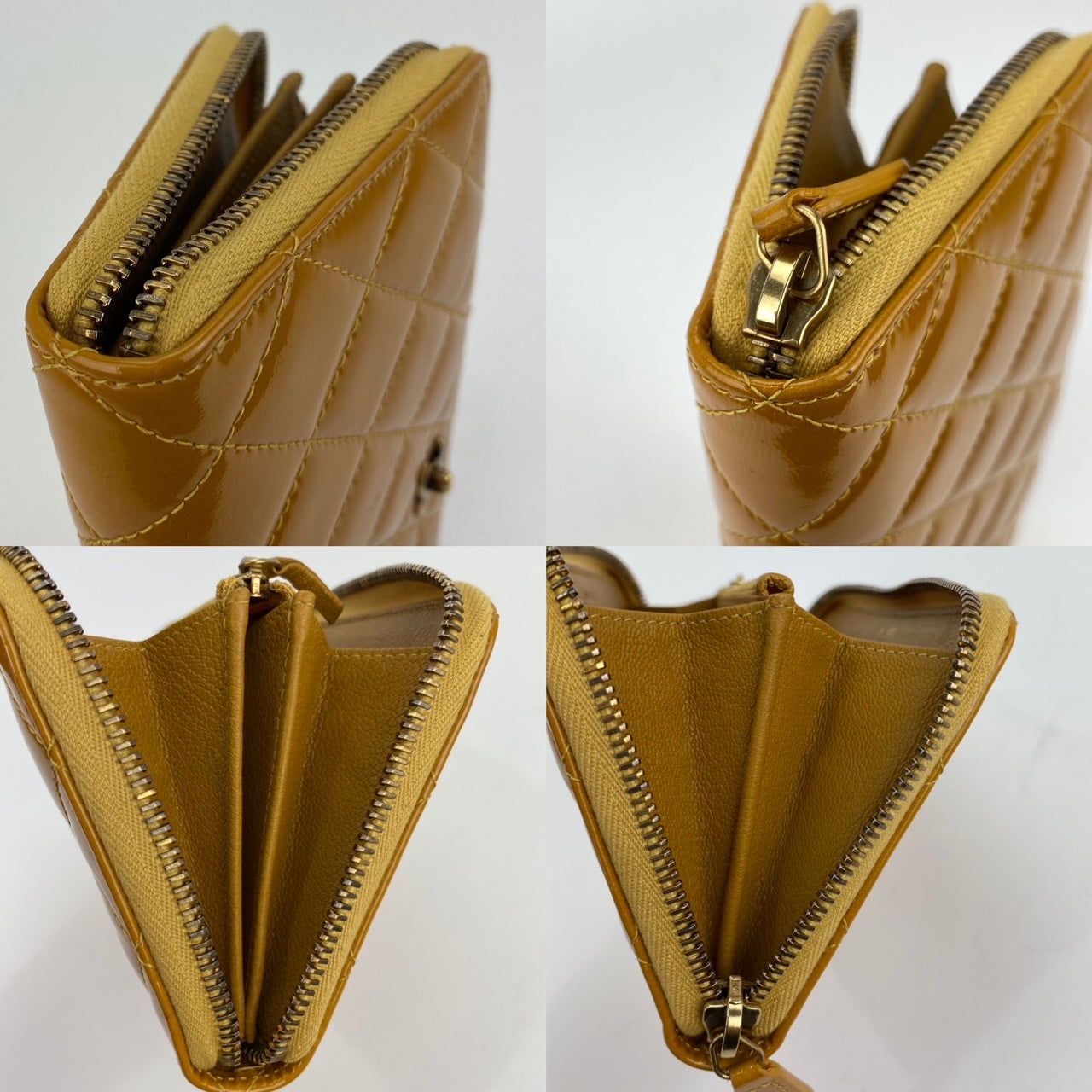 Chanel Quilted Yellow Patent Leather Brilliant Zip Around Wallet Clutch