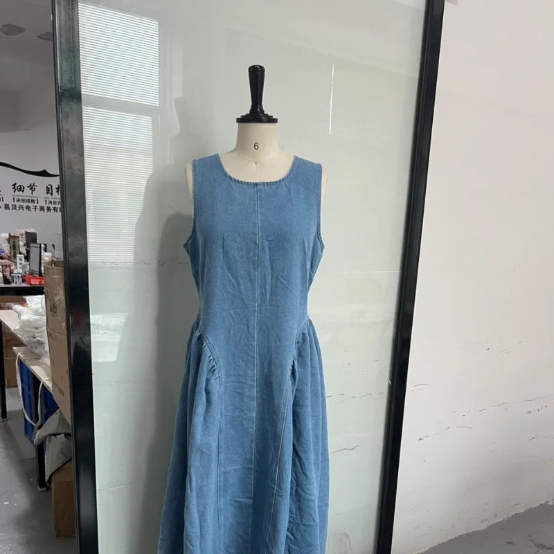 Casual Round Neck Lace Up Backless Denim Dress Sleeveless High Waist Loose Zipper Robe Summer High Street Sexy Solid Clothing