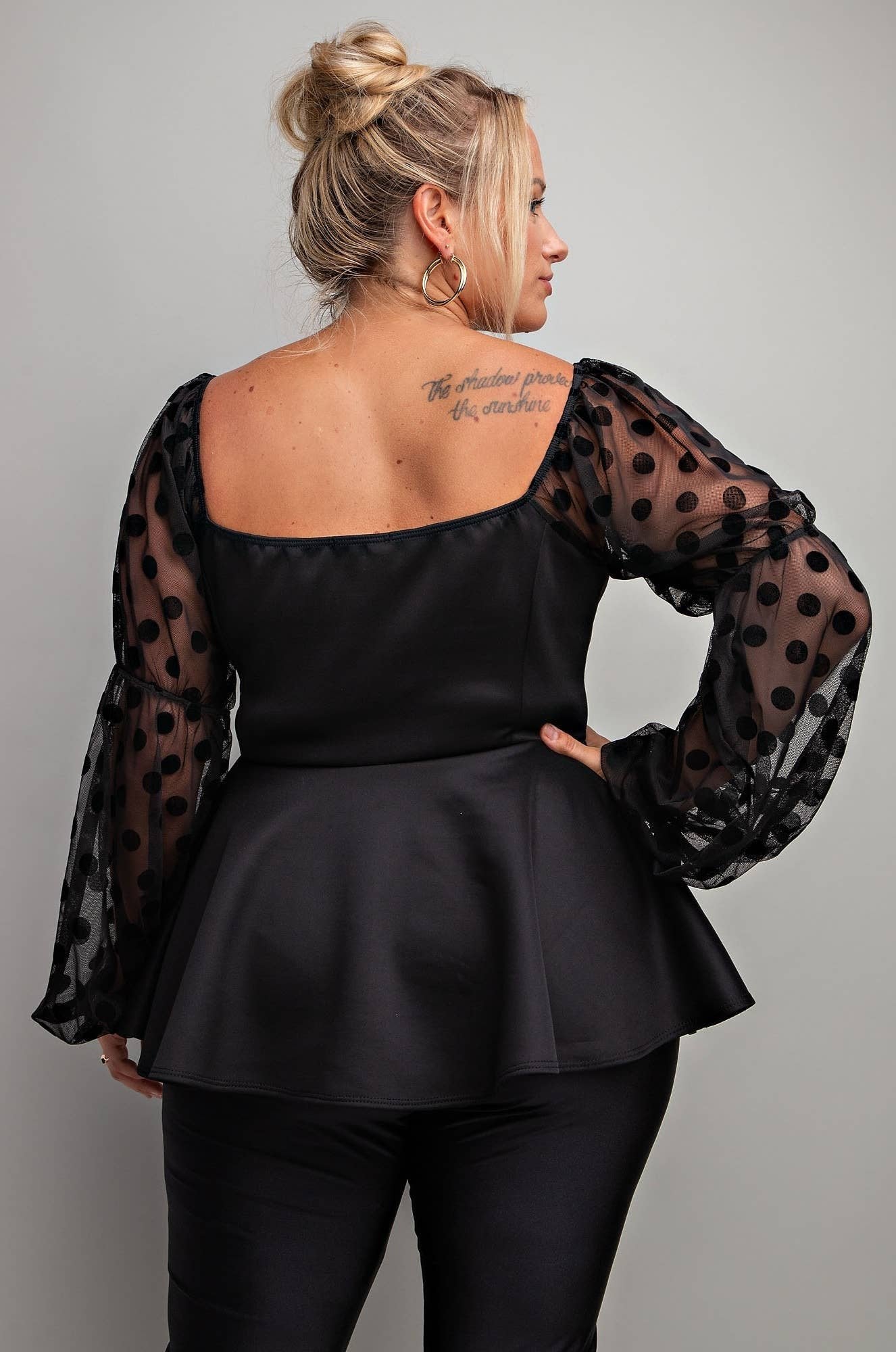 Adriana Plus Size Peplum Top With Long Balloon Sleeves & Chic Square Neckline