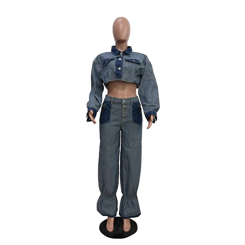 Denim Pant Set Women Two Piece Sets Turn Down Collar Mom Jeans Loose Casual Tops Wide Leg Long Pants High Waist Y2k Streetwear