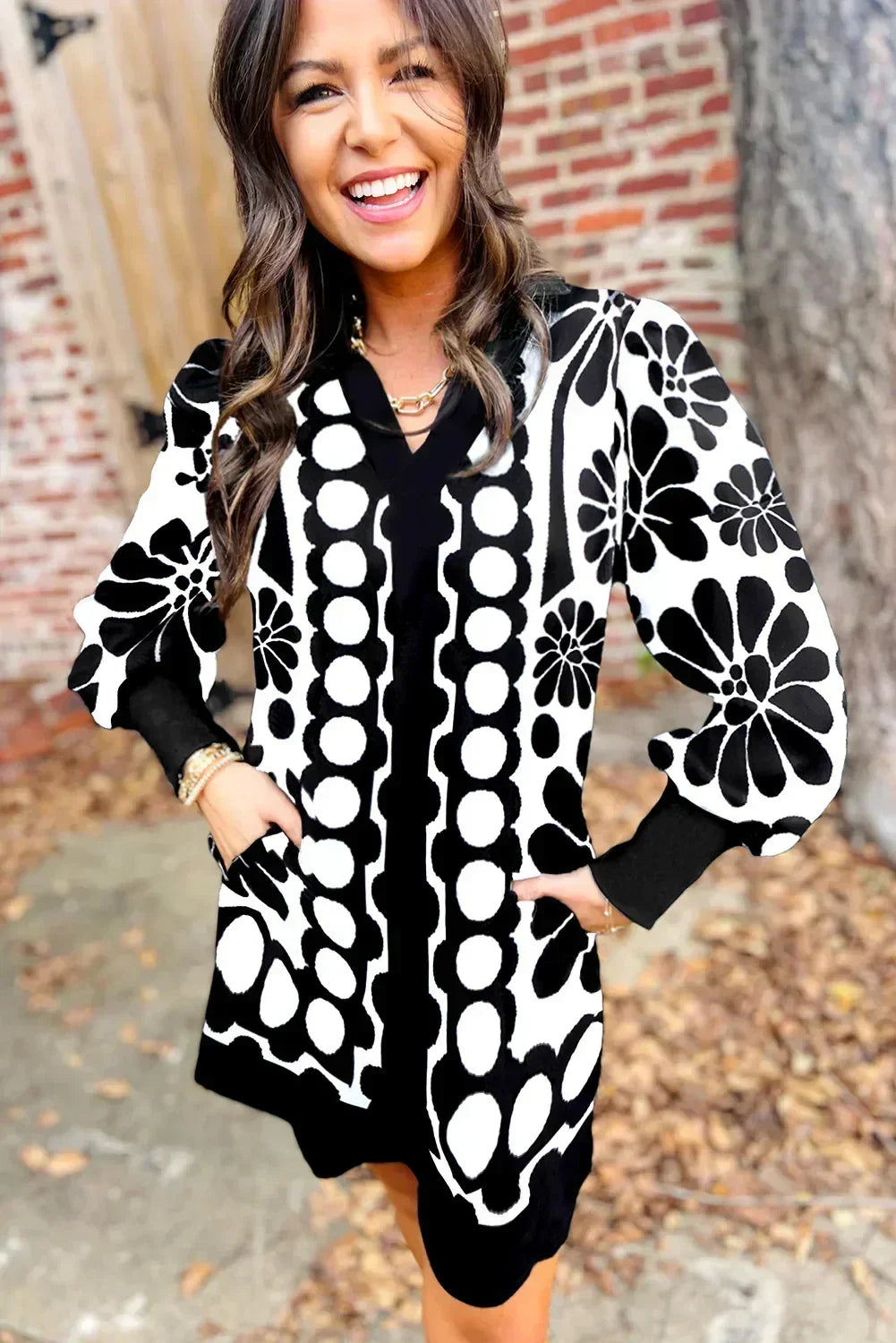 Black Abstract Print V Neck Puff Sleeve Mini Dress