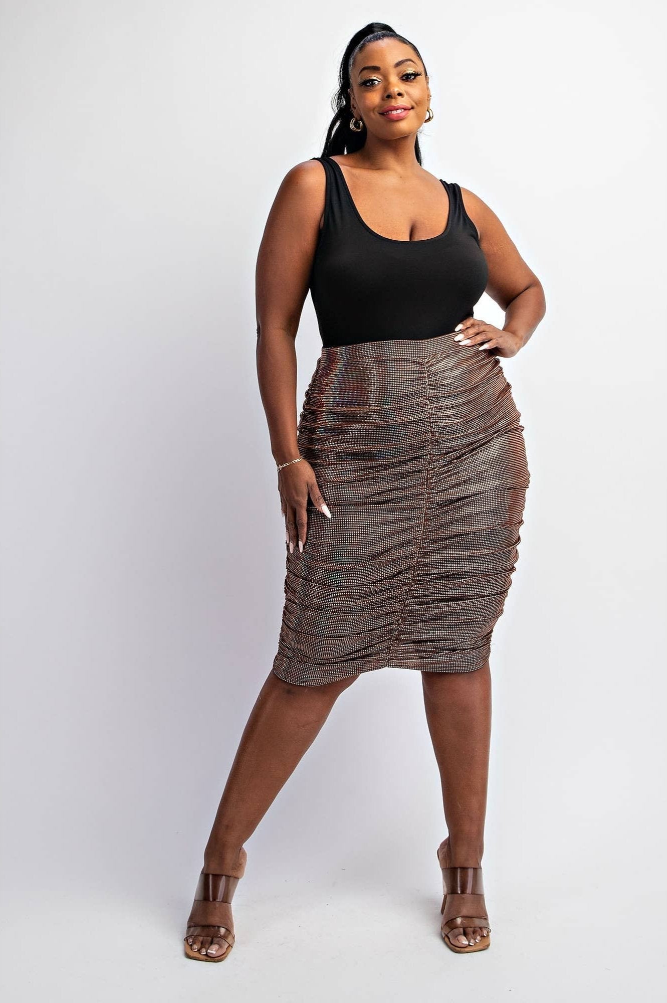 Athena Plus Size Skirt - Gold Ruched Below the Knee for Effortless Elegance
