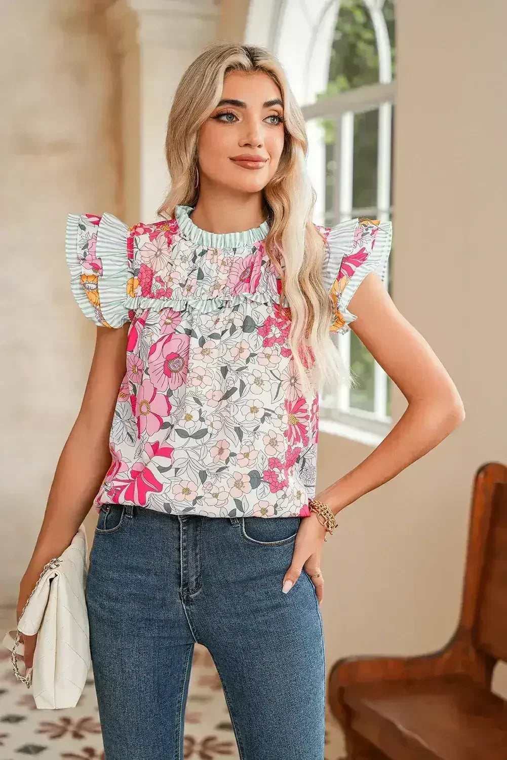 Pink Floral Print Ruffle Trim Pleated Boho Blouse | Femstylo