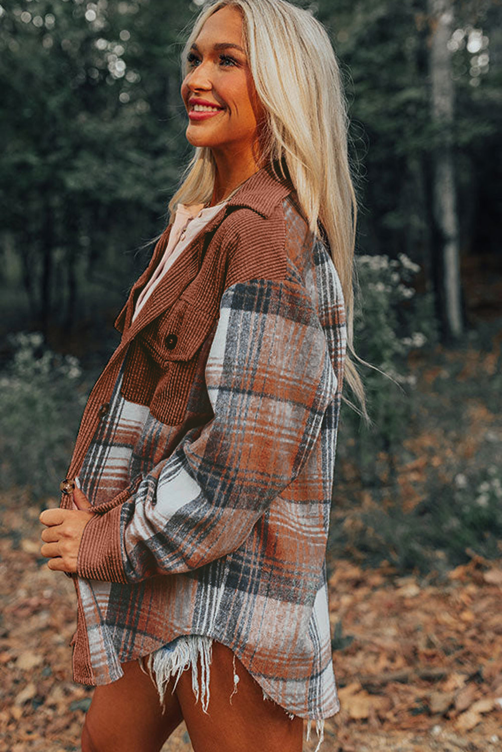Cinnamon Plaid Corduroy Patchwork Shacket With Pockets