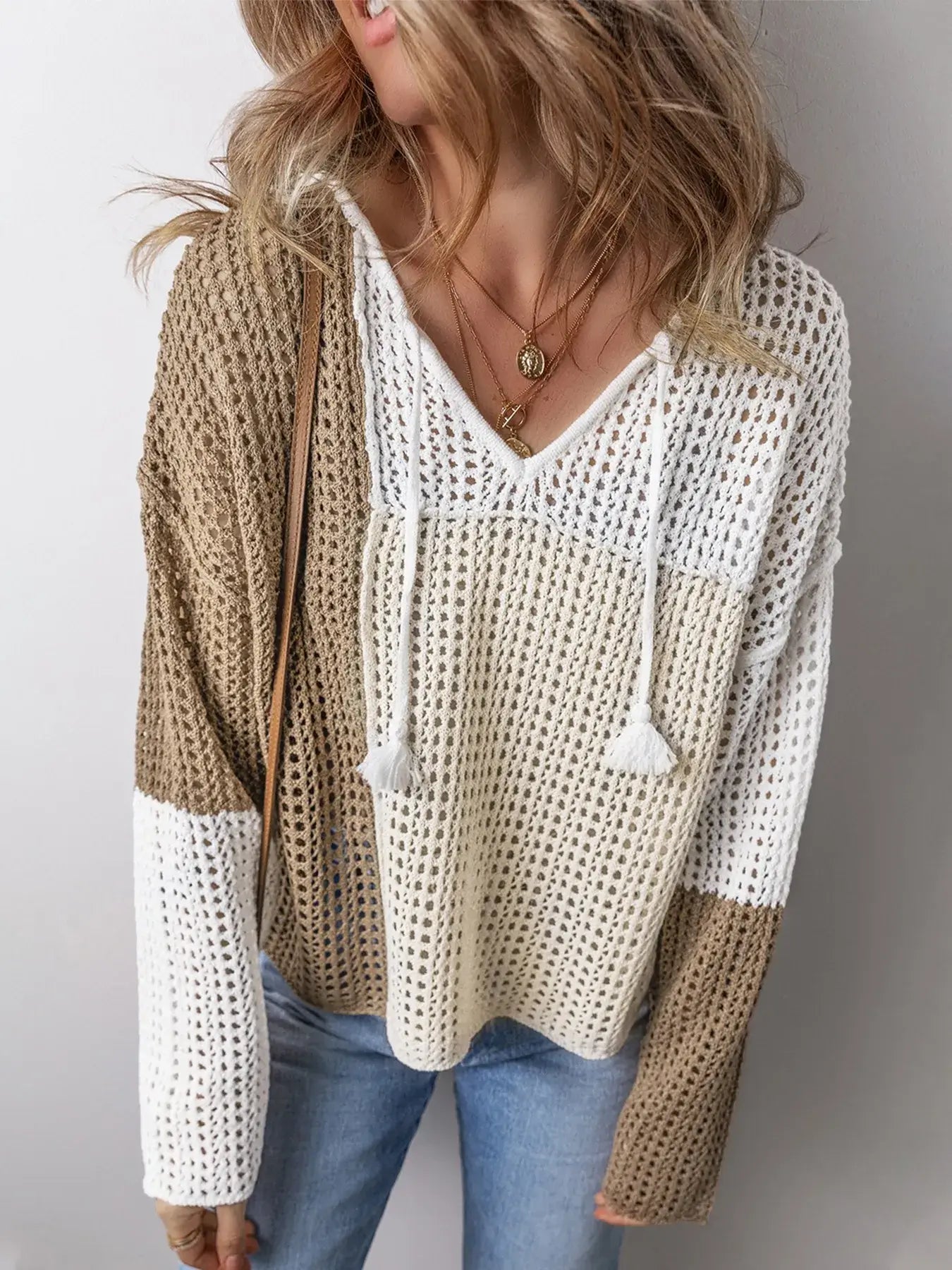Openwork Tassel Color Block Sweater