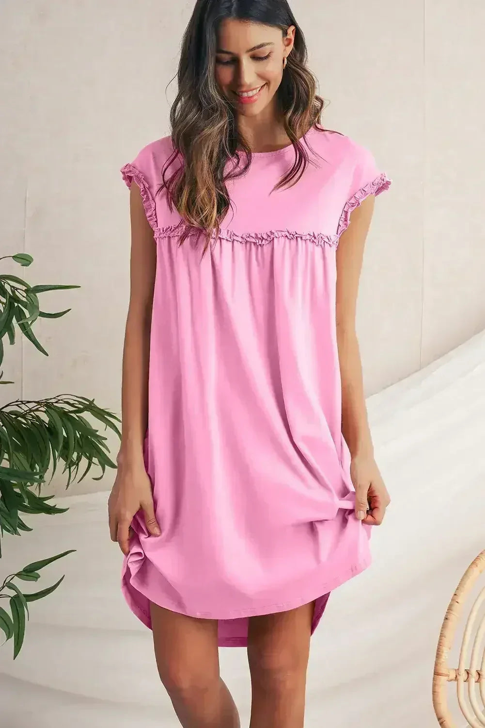 Oatmeal Frilled Trim Crewneck Loose Fit Mini Dress