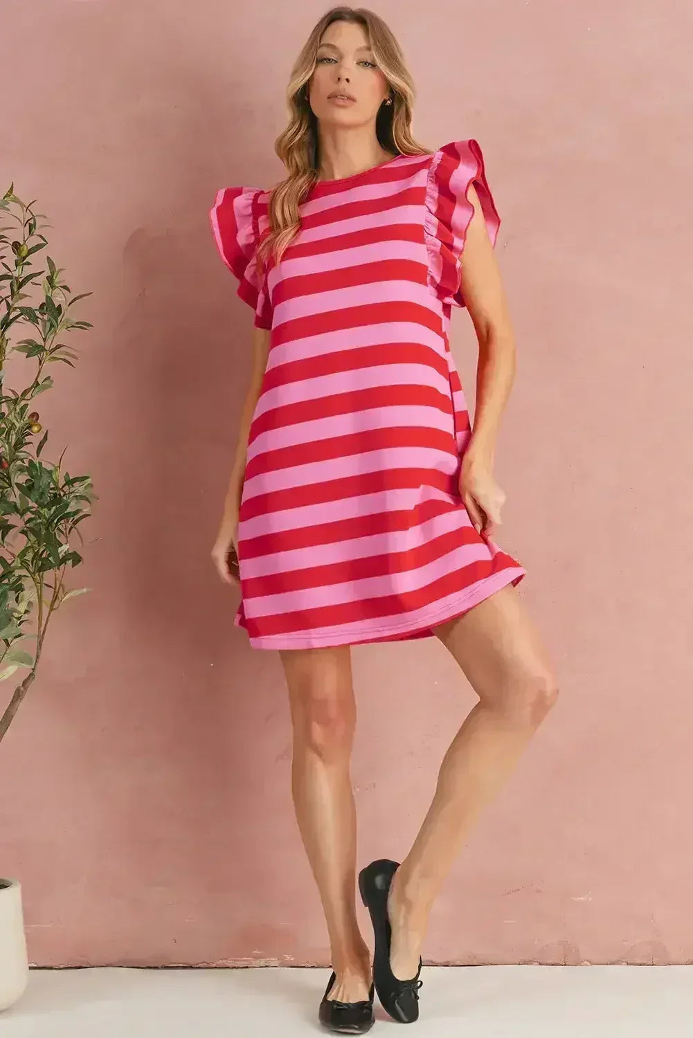 Black Stripe Flutter Sleeve Round Neck Shift Mini Dress