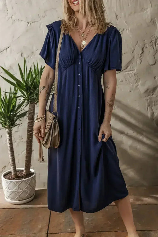 Navy Blue V Neck Buttoned Front Shirred Back Short Sleeve Midi Dress