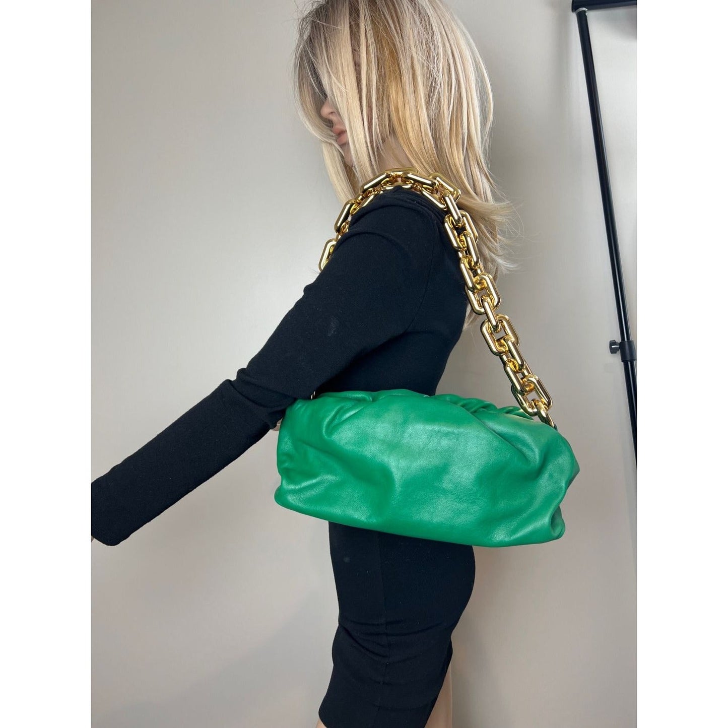 Bottega Veneta Green Chain Leather Pouch Bag  Clutch