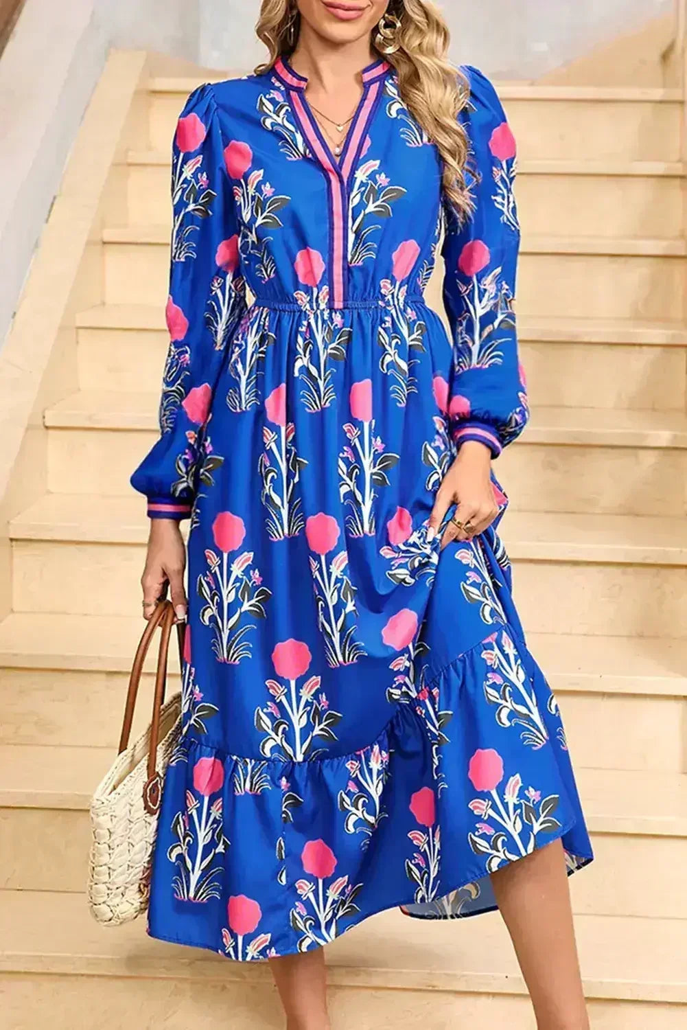 Blue Floral Print Pop of Color Neckline Long Sleeve Midi Dress