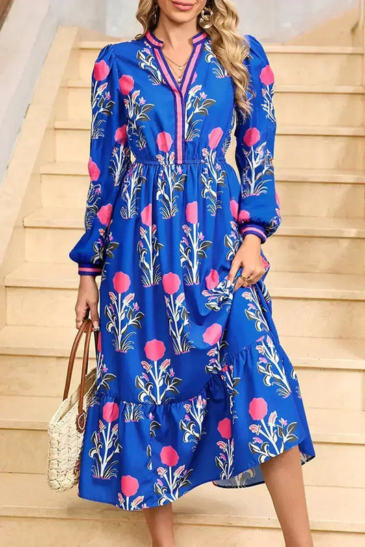 Blue Floral Print Pop of Color Neckline Long Sleeve Midi Dress