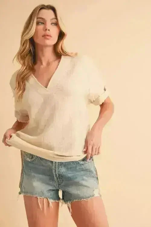 Aemi + Co Side Slit V-Neck Short Sleeve Blouse