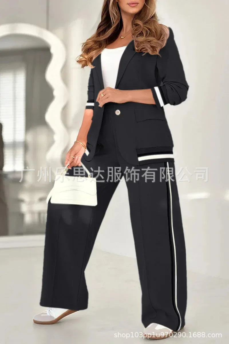 Women Suit Jacket 2 Piece Sets Striped Blazer Coat Turn Down Collar Single Breasted Wide Leg Pants Ensemble Office Lady Outfits