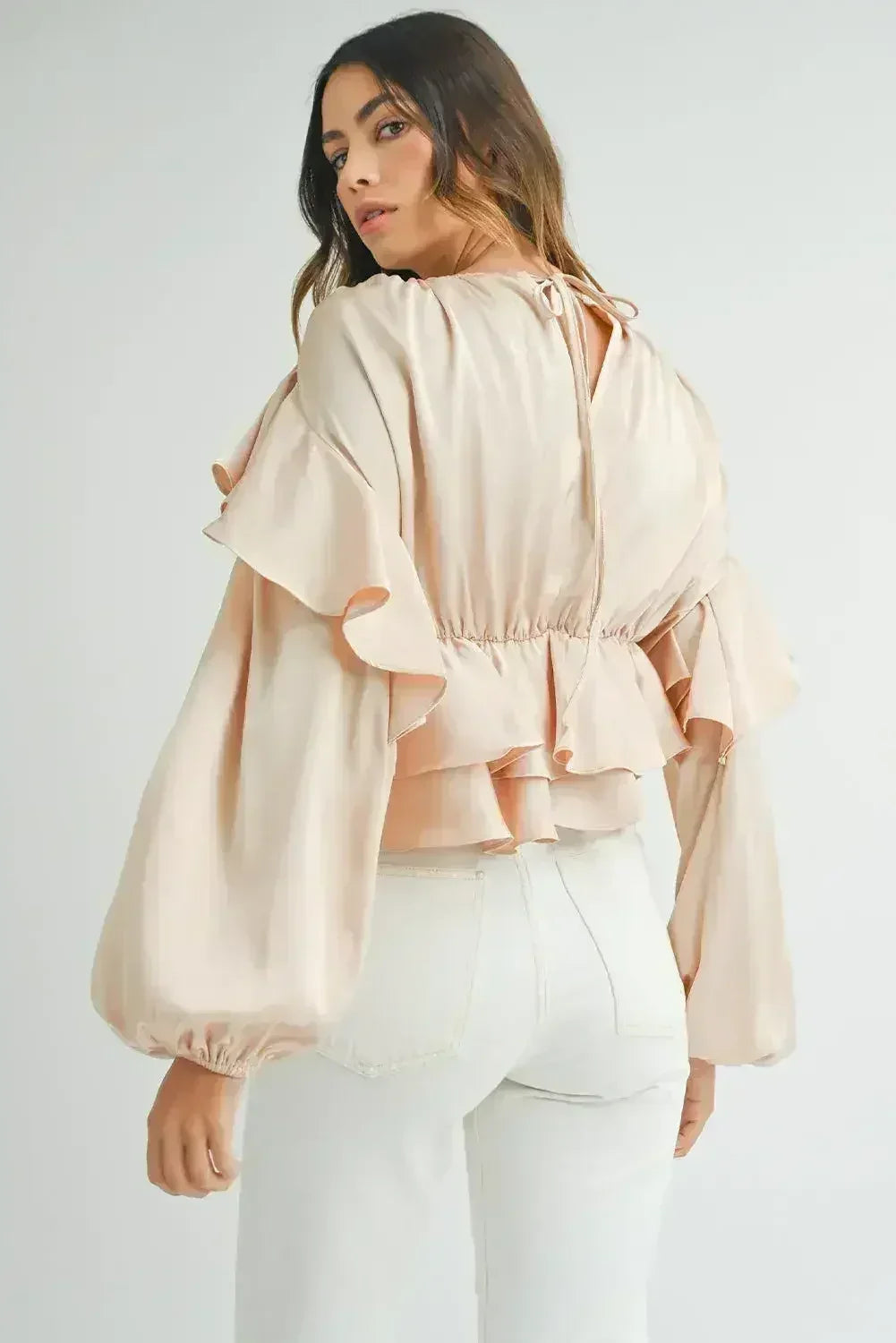 Oatmeal Lace-up Keyhole Back Ruffled Peplum Blouse | Femstylo
