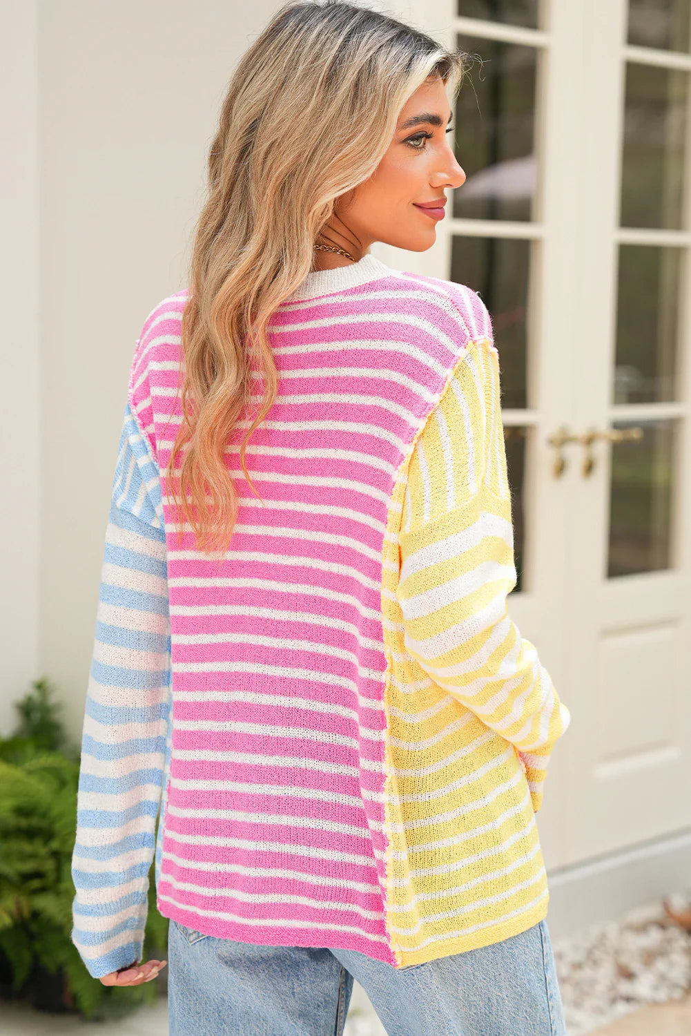 Multicolour Colorblock Striped Patchwork Dolman Sleeve Slit Sweater