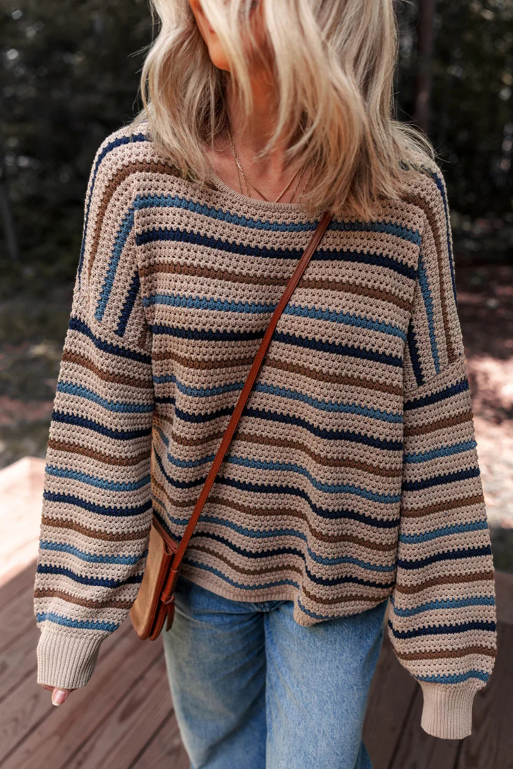 Multicolour Striped Knitted Drop Shoulder Crew Neck Sweater
