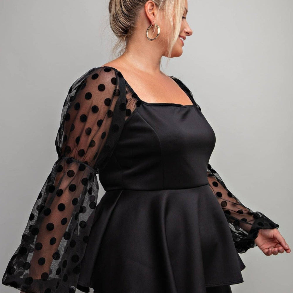 Adriana Plus Size Peplum Top With Long Balloon Sleeves & Chic Square Neckline