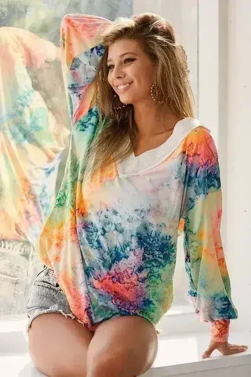 BiBi Tie Dye Soft Knit Jersey V-Neck Top | Femstylo