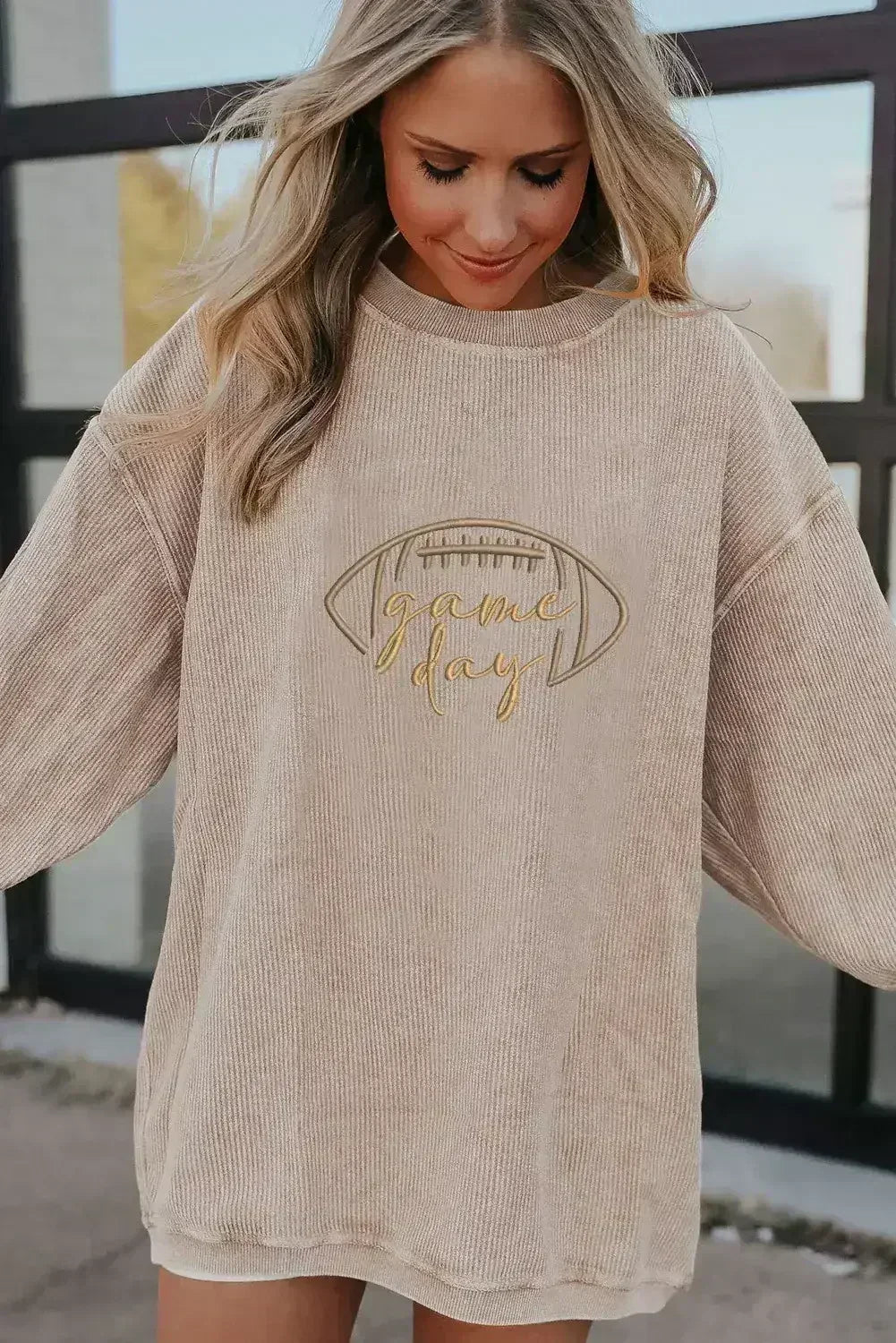 Apricot Football Graphic Sweatshirt – Drop Shoulder & Game Day Style | Femstylo