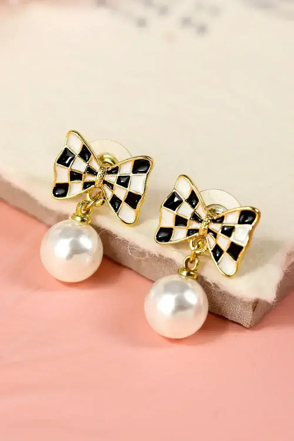 Black Checkered Bow Earrings | Pearl Drop Dangle Earrings - Femstylo